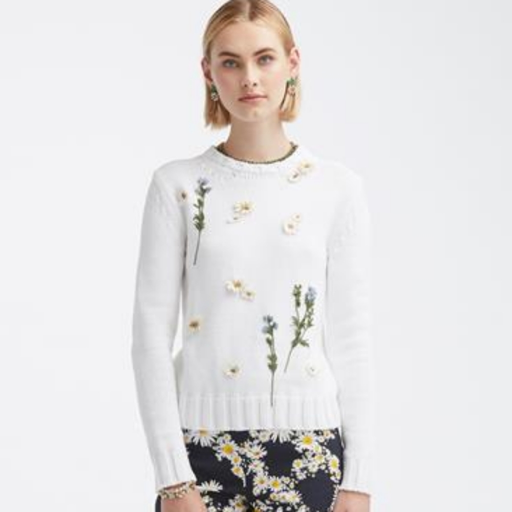 ♡$1,614 NEW 2022 OSCAR DE LA RENTA WHITE KNIT FLORAL EMBROIDERED SWEATER US XS